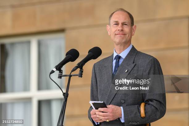 Prince Edward, Duke of Edinburgh addresses guests as Gold Award recipients of the Duke of Edinburgh award attend a garden party at Buckingham Palace on May 13, 2024 in London, England. (Photo by Leon Neal/Getty Images)