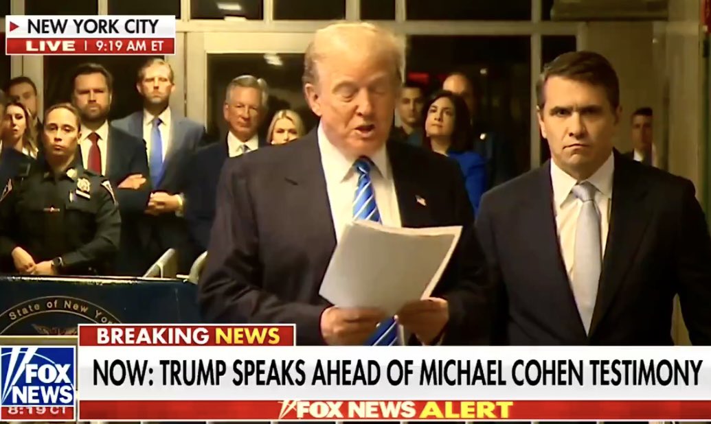 With Tommy Tuberville & JD Vance behind him, Trump shows up in court this morning and reads another article from Fox commentator Gregg Jarrett that the case should be dismissed.