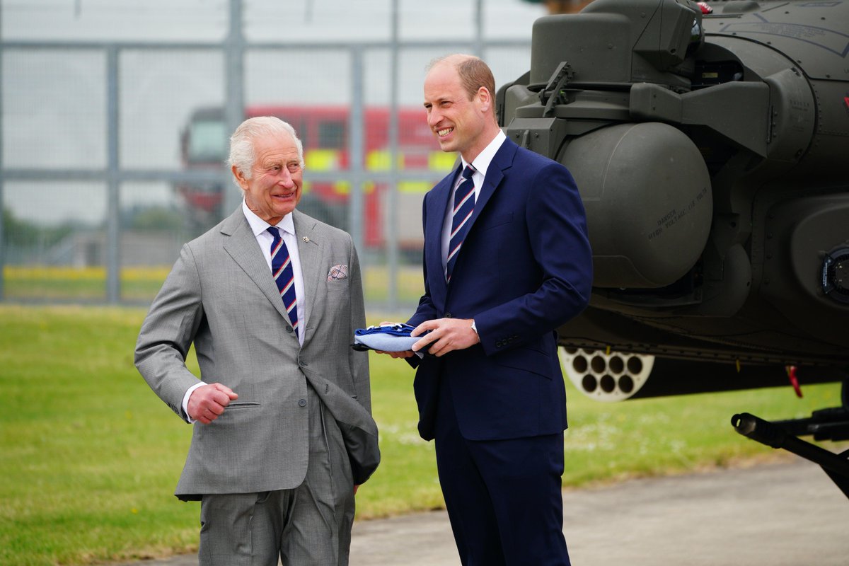 King Charles III and the Prince of Wales during a visit to the Army Aviation Centre at Middle Wallop, Hampshire, for the King to officially hand over the role of Colonel-in-Chief of the Army Air Corps to William. Image ID: 2X66GBB / Ben Birchall / PA Wire #royalfamily