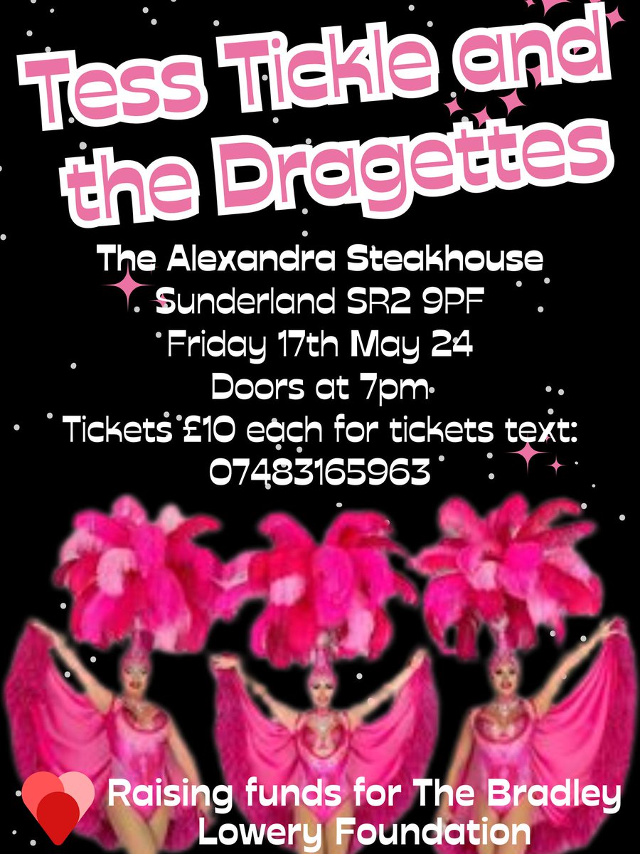 COMING THIS FRIDAY!!!! *18+ ONLY* Tess Tickle and the Dragettes Drag night The Alexandra Steakhouse, Grangetown. Friday 17th May 2024 Doors at 7pm Tickets £10 each You can get your tickets here: bradleyloweryfoundation.com/product/tess-t…