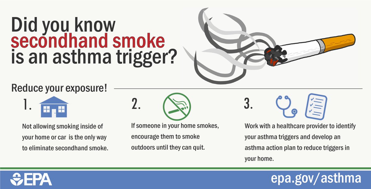 Asthma triggers - those things that can cause asthma symptoms or an asthma attack. Secondhand Smoke is an #asthmatrigger . The only way to eliminate secondhand smoke is to not allow smoking in side a home or car. #cantonhealth #AsthmaAwarenessMonth