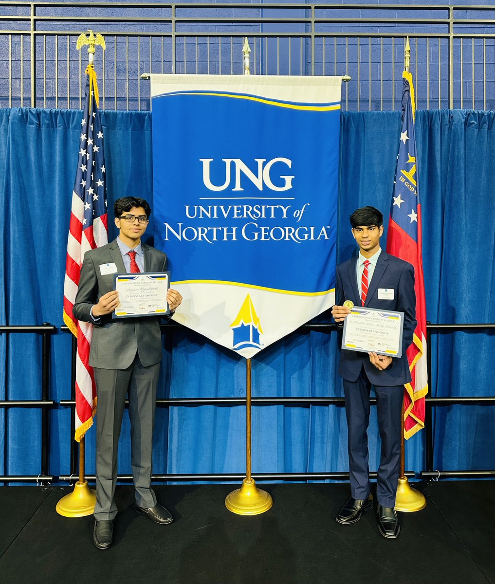 Aryan Uppalapati and Sai Chandra Kishore Reddy Palireddy were awarded "LeapFrog Top Students- CyberStart America" at a ceremony at the Univ. of North Georgia. Their scores and achievements have earned them a place among the top 10 students in Georgia. Each student received $500.