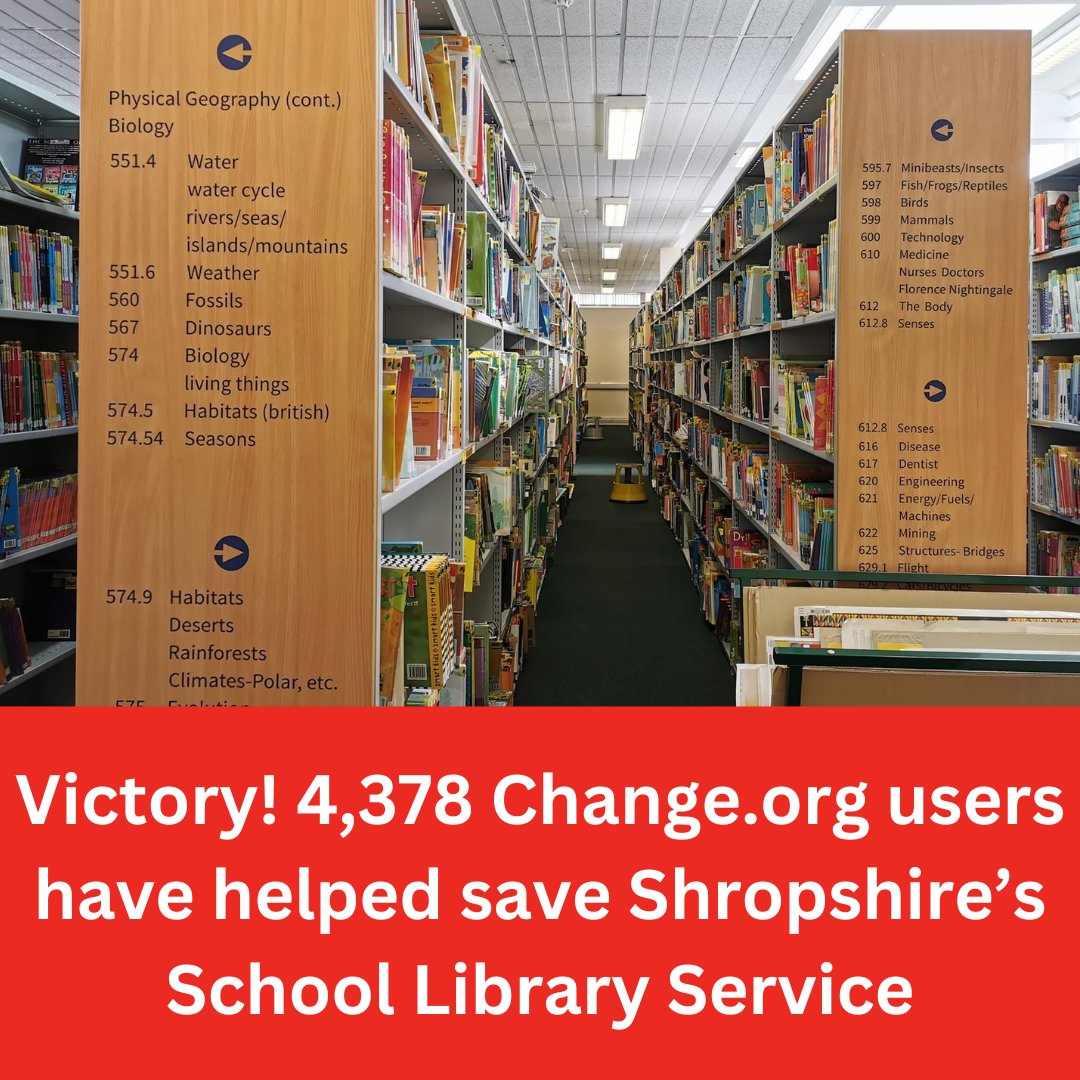 People are using Change.org to take action in their local communities every single day. Last week, the future of Shropshire's school library service was confirmed after 4,000 people supported a resident's petition. You can start a petition at change.org/start-a-petiti…