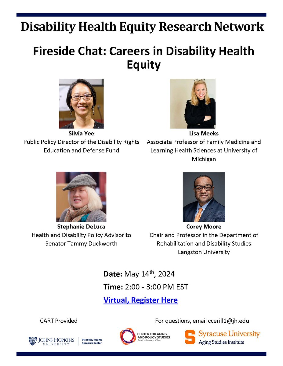 TOMORROW, May 14th 2-3ET! Join us for a fireside chat with disability health experts Silvia Yee @DREDF, @meekslisa @DocsWith, @StephDeLucaPhD from the office of @SenDuckworth, and Corey Moore @LangstonU! Register now: jhuson.zoom.us/meeting/regist…
