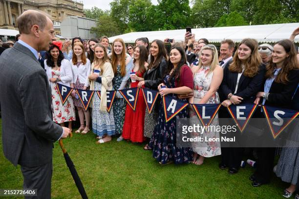 Prince Edward, Duke of Edinburgh meets guests as Gold Award recipients of the Duke of Edinburgh award attend a garden party at Buckingham Palace on May 13, 2024 in London, England. (Photo by Leon Neal/Getty Images)