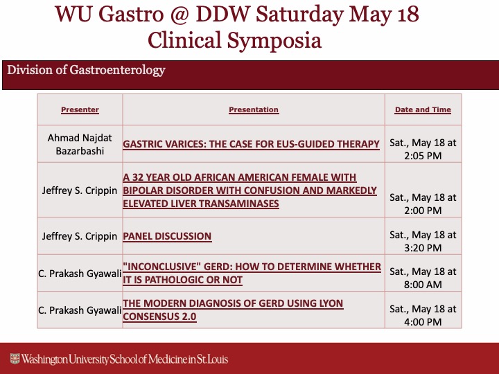 @WUGastro at @DDWMeeting ! Great lineup for clinical symposia on Saturday, May 18