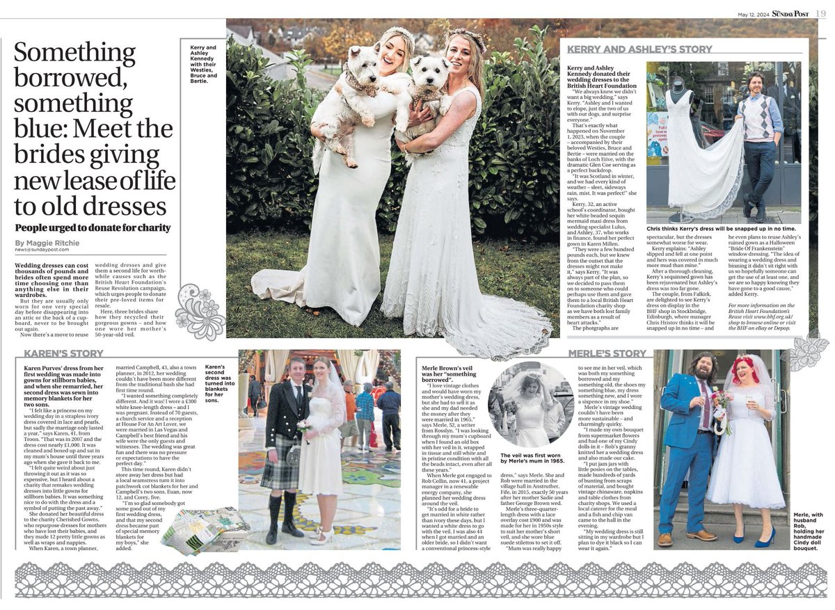 Thanks to the @Sunday_Post for lovely feature at the weekend showcasing the beautiful wedding dresses #donated to BHF #ReuseRevolution #love
