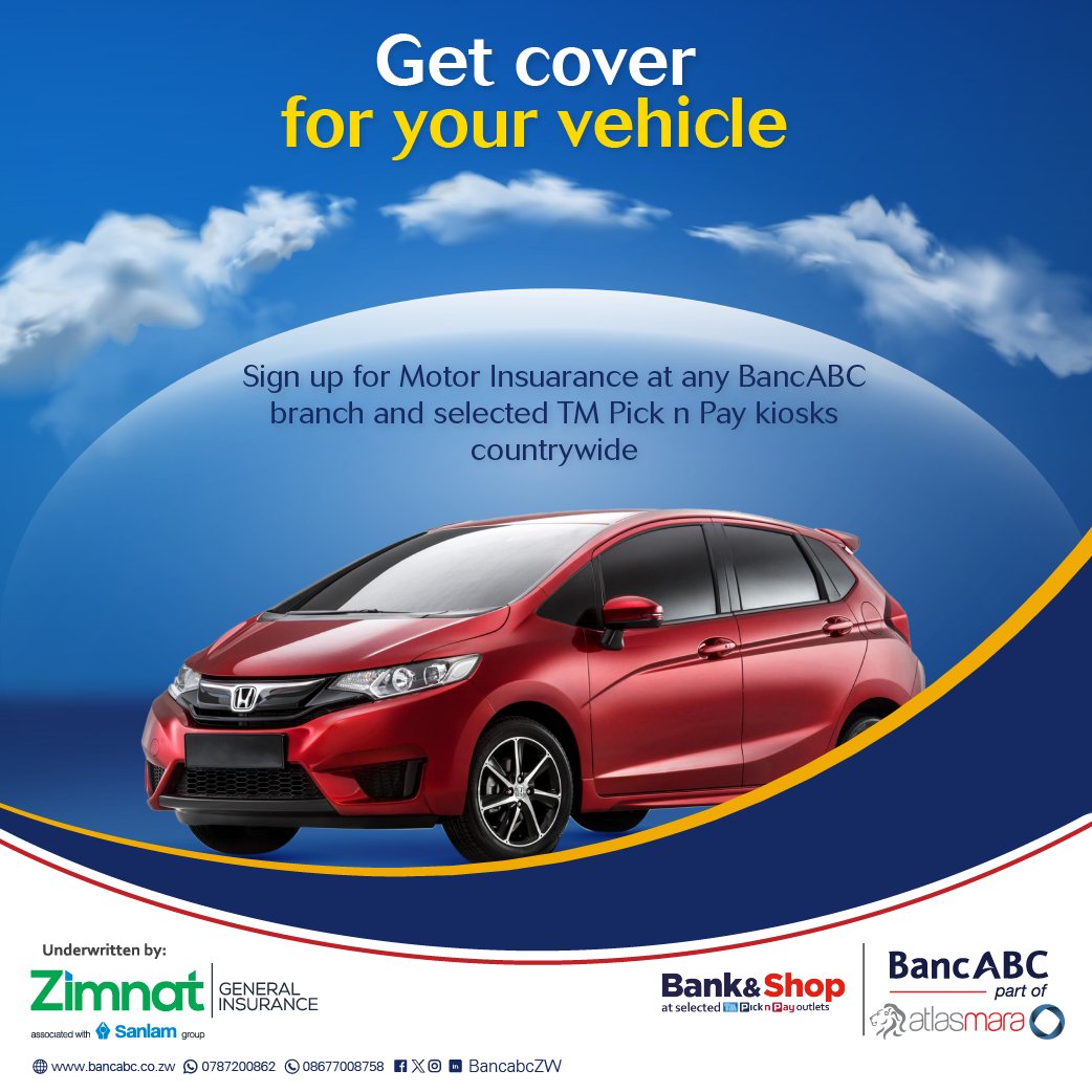 With @BancabcZW, life is as easy as ABC! Access your vehicle insurance cover and pay your Zinara and Radio license 🚙 at any @BancabcZW branch 🏦 and selected TM Pick n Pay outlets 🛒🛍 nationwide! 🇿🇼 #BankDifferent 🏦 #ATeam😎 #BankAndShop