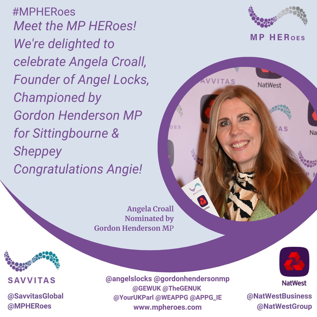 Meet the MP HERoes! We're delighted to celebrate Angela Croall, Founder of Angel Locks, Championed by Gordon Henderson MP for Sittingbourne & Sheppey @angelslocks @NatWestGroup @NatWestBusiness @SavvitasGlobal @kentlivenews @GEWUK #FemaleFounders #RoleModels