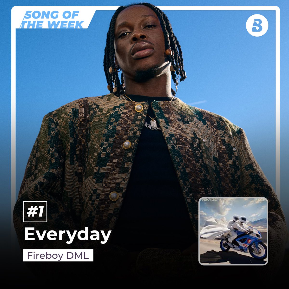 .@fireboydml gives us a lovely jam titled #Everyday, which is the #SongOfTheWeek according to your votes. 🥰🏆

Keep streaming this song on Boomplay! ➡️ Boom.lnk.to/FireboyDMLEver…

#SOTW #HomeOfMusic #FireboyDML