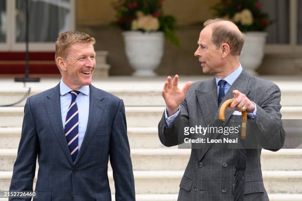 British astronaut Tim Peake speaks with Prince Edward, Duke of Edinburgh as Gold Award recipients of the Duke of Edinburgh award attend a garden party at Buckingham Palace on May 13, 2024 in London, England. (Photo by Leon Neal/Getty Images)