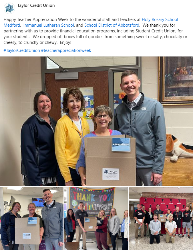 📣 Shout out to Taylor Credit Union! Their team dropped off boxes full of goodies to local staff and teachers of Holy Rosary School Medford, Immanuel Lutheran School, and School District of Abbotsford in celebration of Teacher Appreciation Week. 👏💙

#MemberMonday #CUDifference