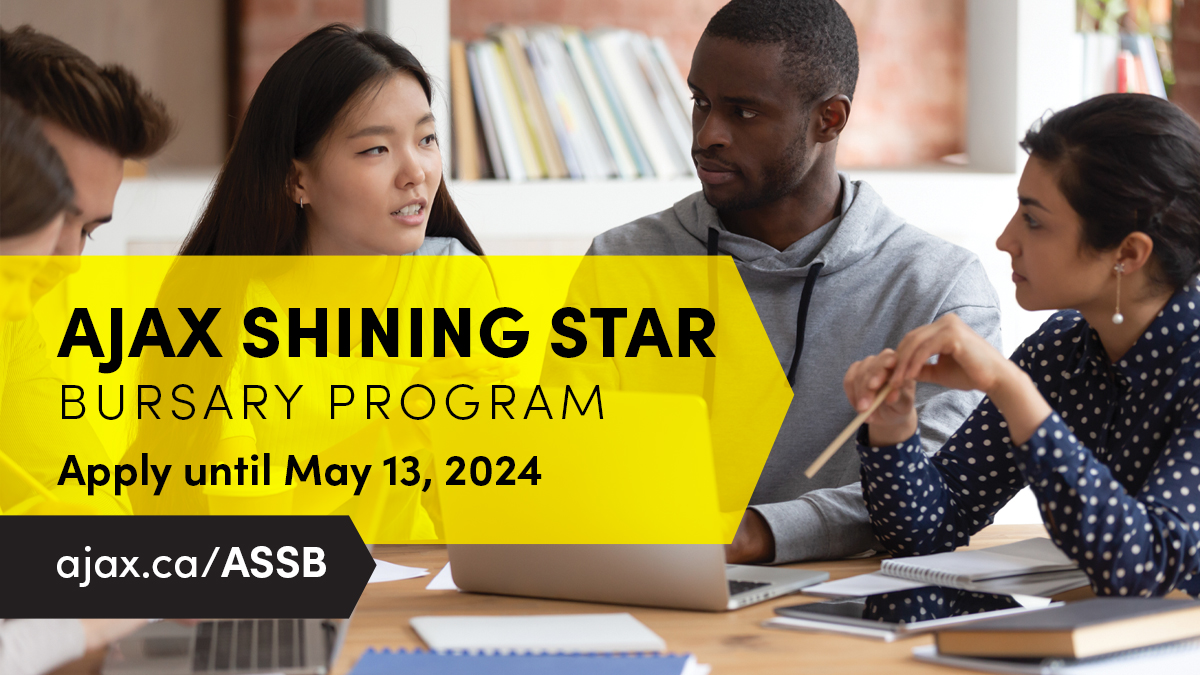 ⏰ LAST CHANCE ⏰ Ajax Shining Star ⭐ bursary program for underrepresented youth, is now accepting applications for year 4 of the program! 📢 📅 Applications close today (May 13)! 💻 Learn more & apply online at ➡️ ajax.ca/ASSB
