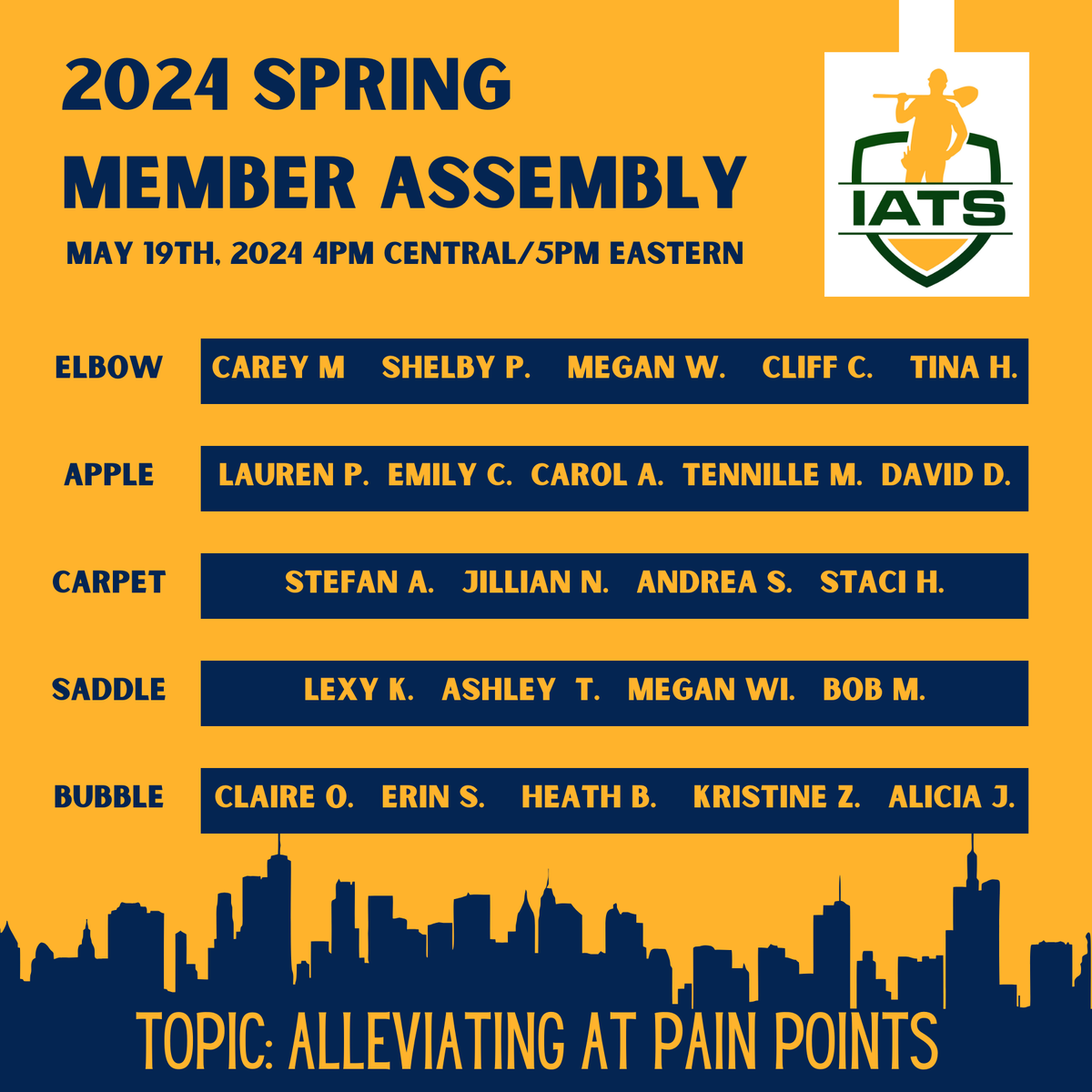 Breakout Groups are out. Thank you to all who registered and see you THIS Sunday at the Spring Member Assembly.

#IATS #athletictraining #ATTwitter