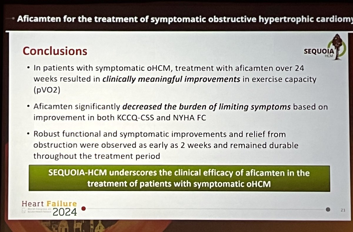 Aficamten for the treatment of symptomatic oHCM.  A new kid in the block showing significant improvement in symptoms, exercise capacity and quality of life compared to placebo in oHCM patients 👏🏻👏🏻👏🏻#HeartFailure2024 #sequoia_hcm @escardio