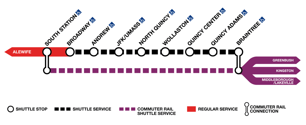MBTA's tweet photo. Red Line Reminder: May 18-19 (This Weekend)

Shuttle Buses replace service between Broadway and Braintree due to bridge and track work. 

Regular Red Line service will operate between Ashmont and JFK/UMass. https://t.co/g4DFLqspzH