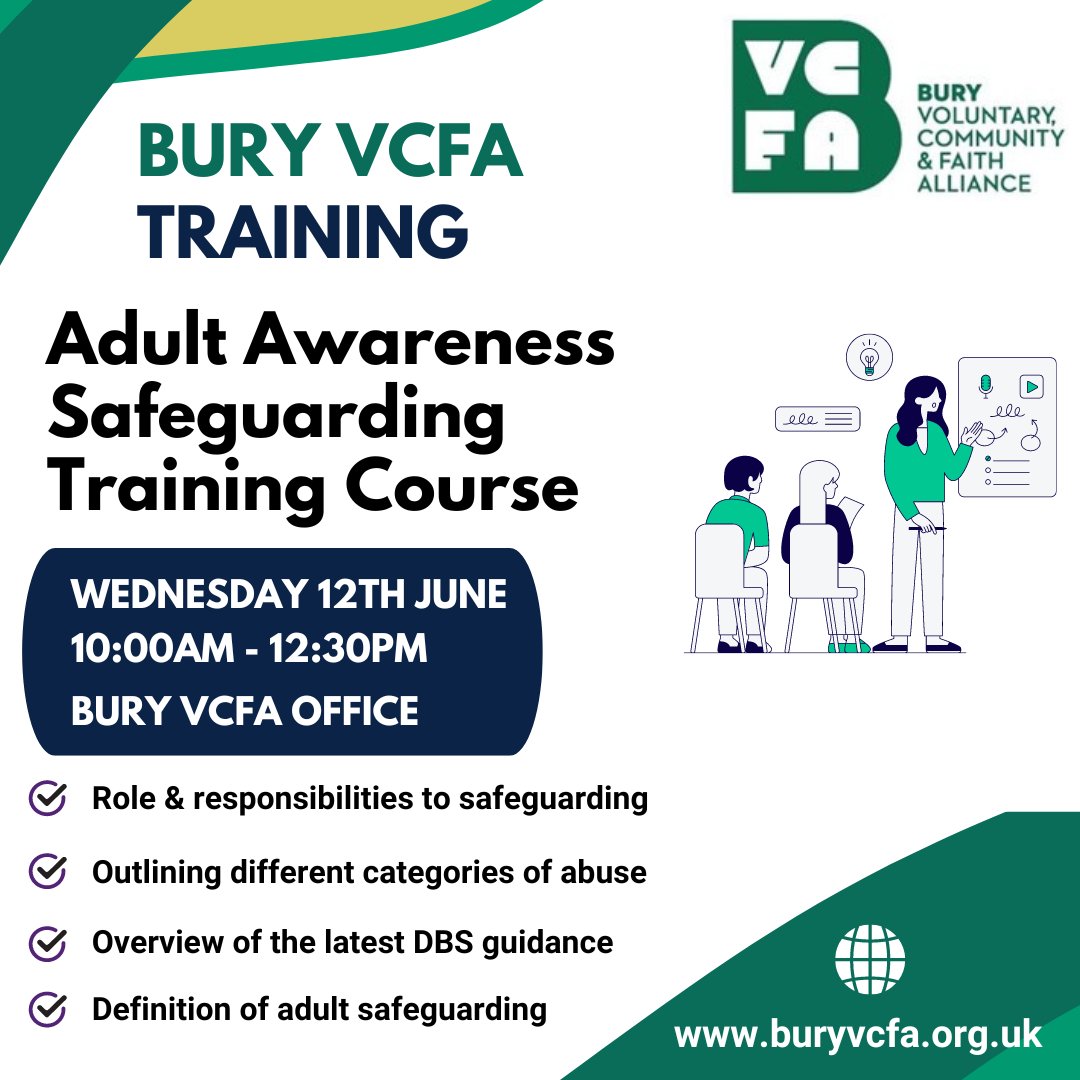 📢 Join our Adult Awareness Safeguarding Training Course on Wednesday, June 12th, 2024, from 10:00am-12:30pm at Bury VCFA Office. The session will role & responsibilities, categories of abuse, DBS guidance & defining adult safeguarding. Secure your spot⬇️ lght.ly/3ne5jn4