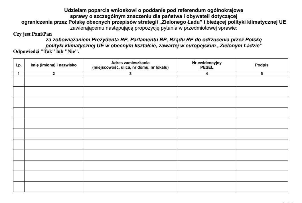 Na zdjeciu karta do zbierania podpisów o referendum w sprawie zielonego ładu. Na stronie CZERWONYJAD.PL. jest do pobrania ulotka przeciwko zielonemu ładowi. Wypełnione karty należy przesłać: NSZZ „Solidarność” Wały Piastowskie 24 80-855 Gdańsk