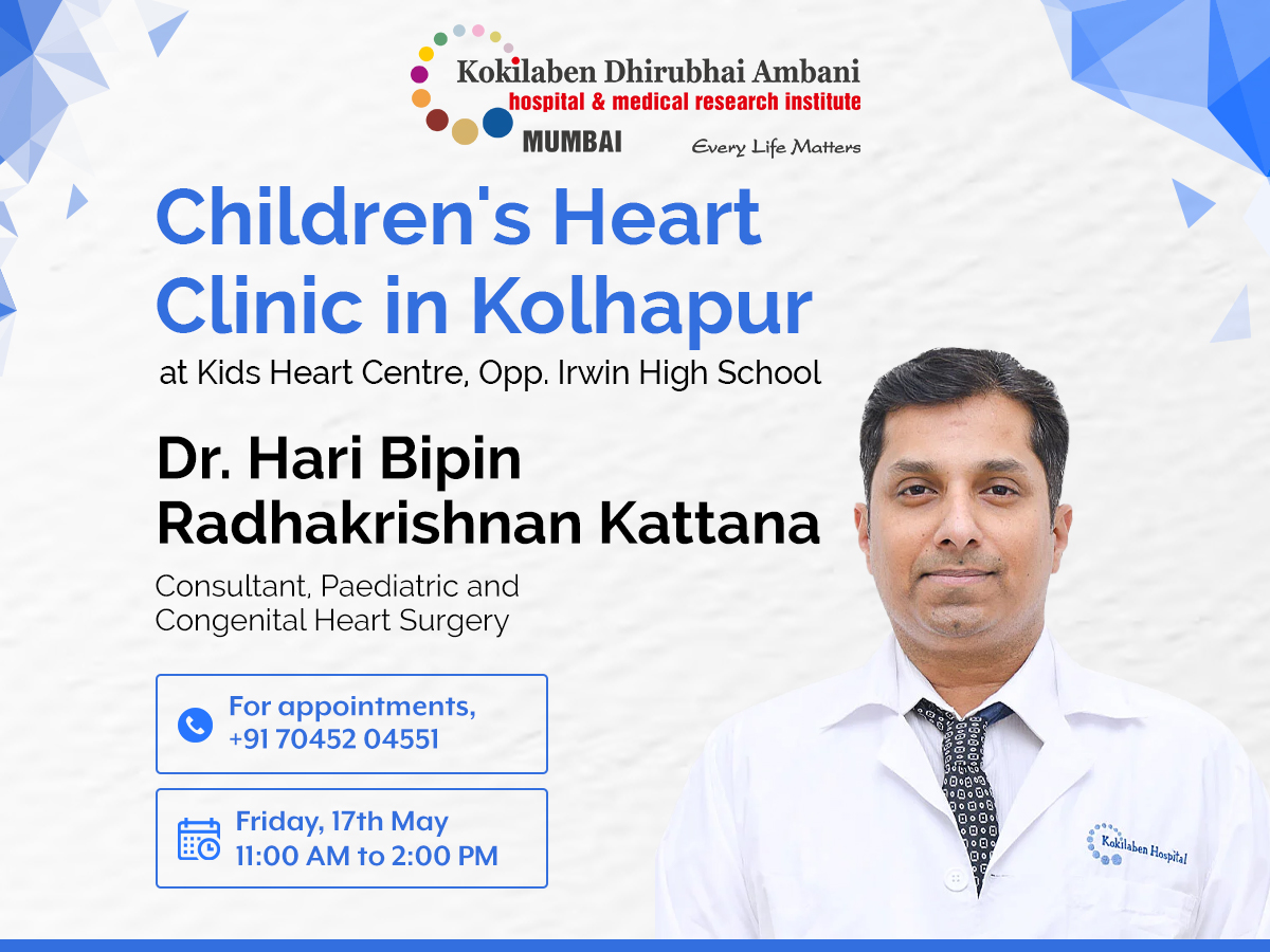 Dr. Hari Bipin Radhakrishnan Kattana, Consultant, Paedaitric and Congenital Heart Surgery at @KDAHMumbai will be available for consultation at Kids Heart Centre in #Kolhapur on 17th May. To schedule an appointment, call +91 70452 04551 or visit kokilabenhospital.com/landingpage/ko…