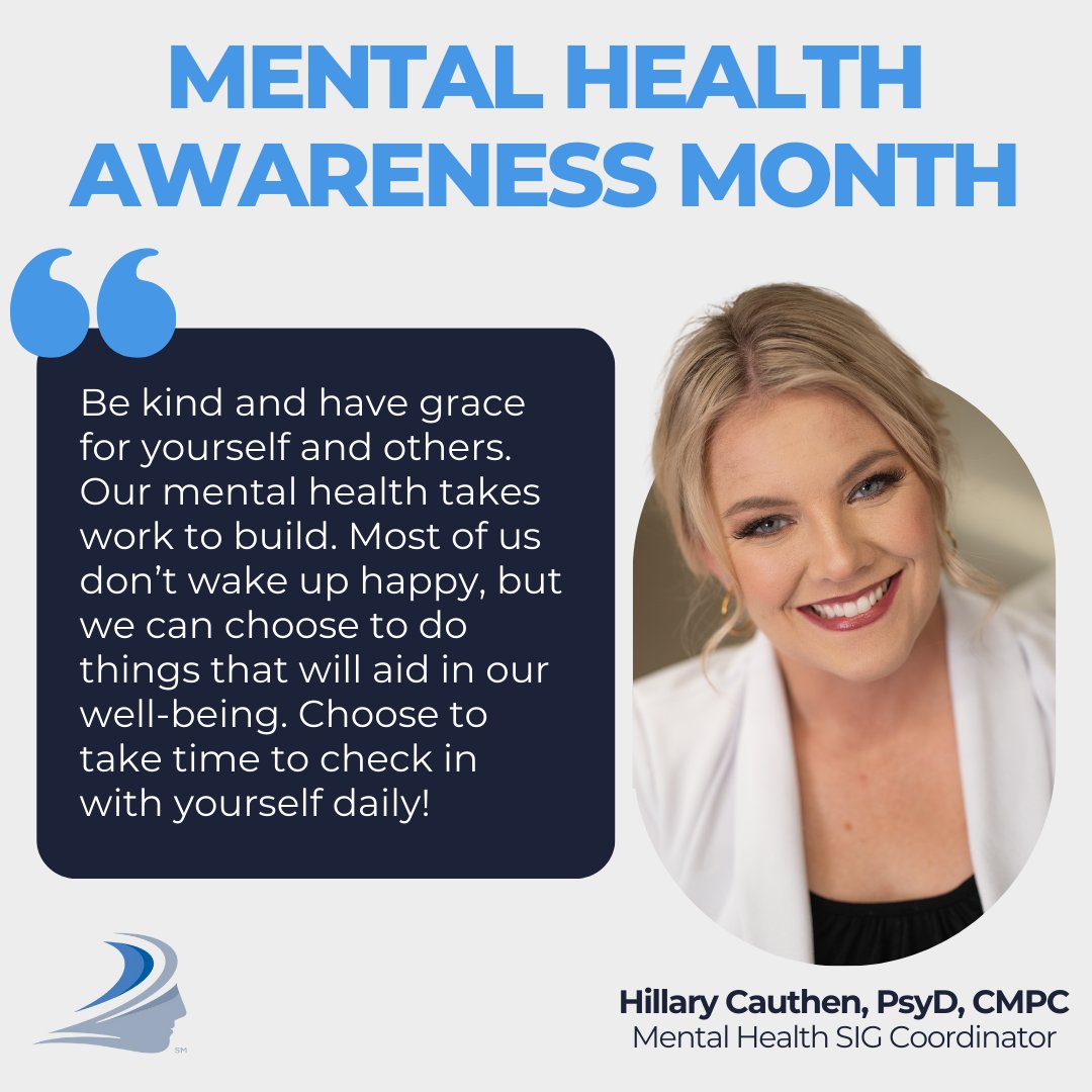 AASPTweets's tweet image. 🌟 Let's celebrate #MentalHealthAwarenessMonth together! 🌟

Hillary Cauthen, AASP's Mental Health SIG Coordinator, reminds us to prioritize self-care and check in with ourselves.

Want to learn more about the Mental Health SIG? Visit: bit.ly/Mental-Health-…