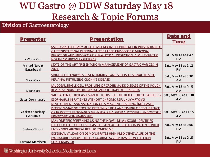 We conclude today's DDW posts with our research and topic forum presenters on Saturday, May 18 @DDWMeeting ! @WUGastro is proud to have such brilliant minds working towards advancing science and medicine in Gastroenterology