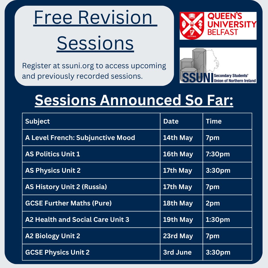 They’re back! Our FREE revision sessions in partnership with @QUBelfast’s PGCE centre are here for Summer 2024! New session timetable is below (with more to be added) and you can also access previously recorded sessions once registered! Register: ssuni.org/register-for-f…