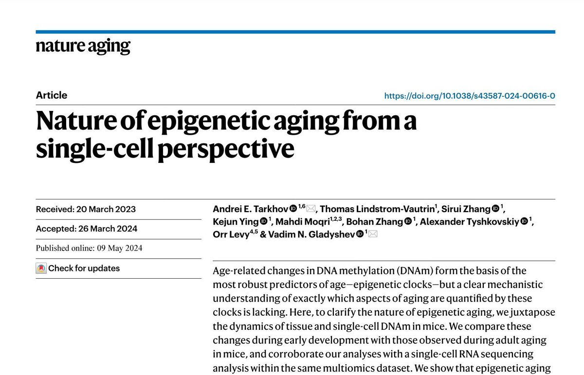 🧵 1/6 Co-authored by Consortium Members @KejunYing, @mahdi_moqri and Vadim Gladyshev (@gladyshev_lab), the nature of epigenetic aging from a single-cell perspective is explored, highlighting changes in DNA methylation that underpin the robustness of epigenetic clocks...