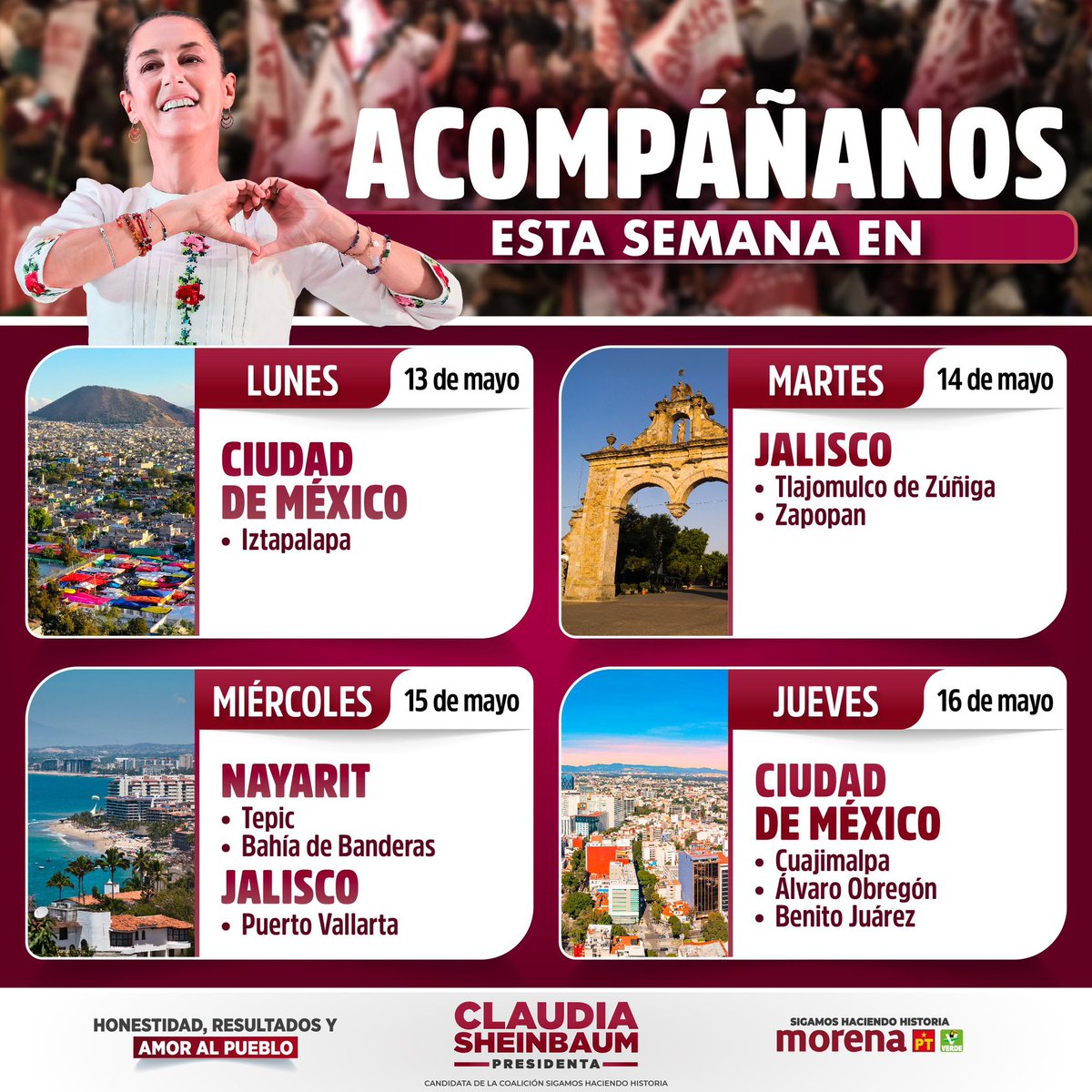 #FelizLunes ¡Buen inicio de semana! Nuestra próxima #Presidenta @Claudiashein visitará las siguientes ciudades. Acércate a escuchar sus propuestas. #ClaudiaPresidenta #ClaudiaPresidentaDeMexico2024