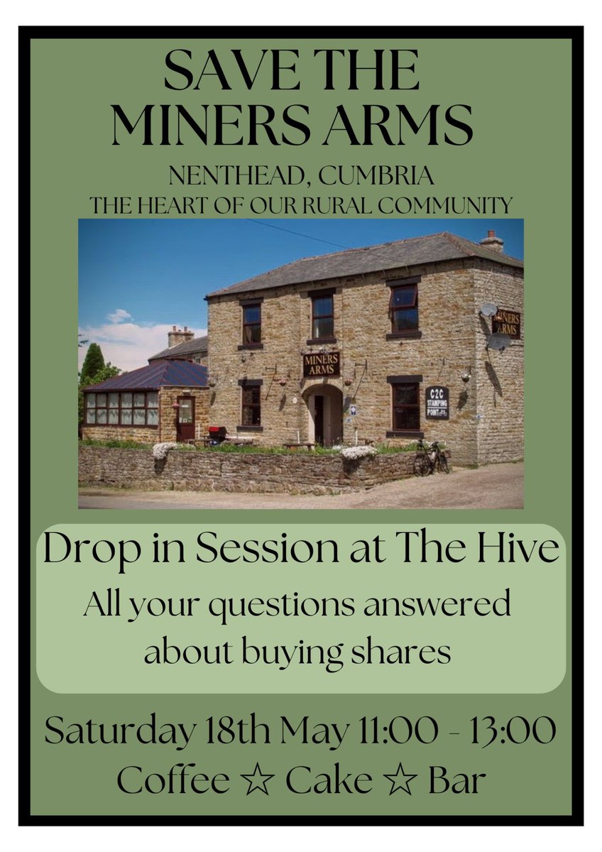 Come along to The Hive on Saturday 18th May to get all your questions about investing in Miners Arms shares answered.   Please don’t forget.   If you have completed an application form, make sure you send your cheque or transfer the funds online. Turn your pledges into cash.