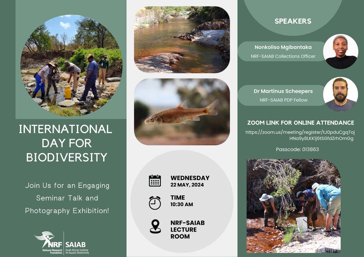 You are invited to the NRF-SAIAB's International Day of Biodiversity event with the theme 'Be Part of the Plan.' The NRF-SAIAB Freshwater team will be hosting a seminar talk and photography exhibition. See the poster below!