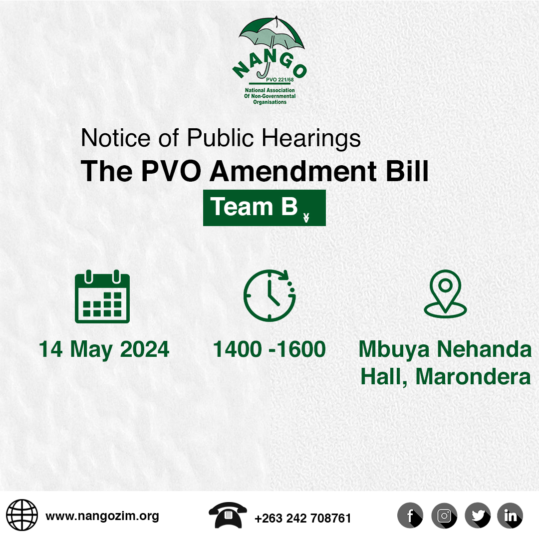 Heads up! PVO Amendment Bill public hearings are TOMORROW in Marondera & Bulawayo.️ Share your views! Can't attend? Email clerk@parlzim.gov.zw. 

#CivicSpaceMatters #PublicHearings