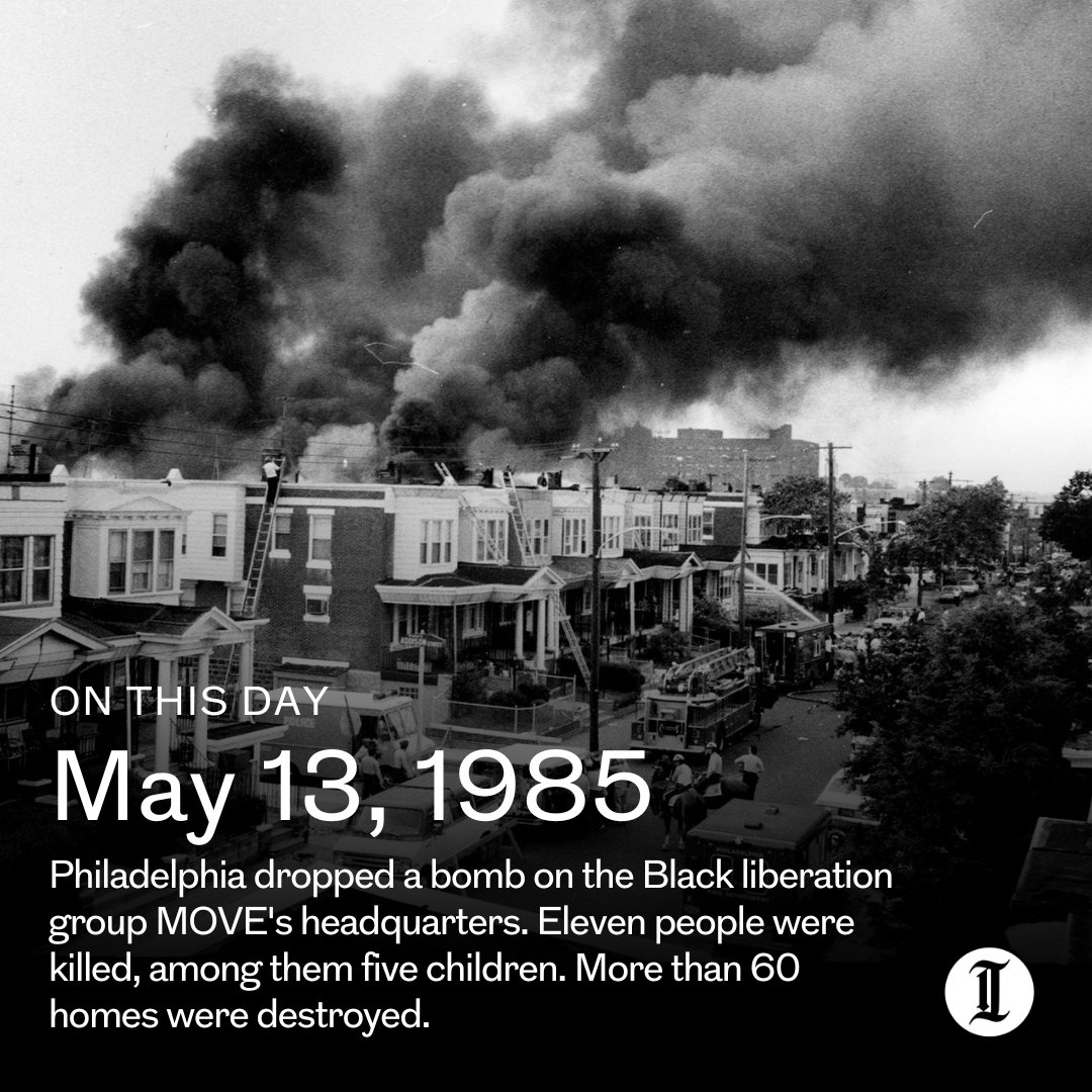 39 years ago today the City of Philadelphia dropped a bomb on a rowhouse on Osage Avenue belonging to MOVE, a West Philadelphia-based Black liberation and activist group. The bombing and fire killed 11 people, and destroyed 61 homes. 🔗 inquirer.com/move-bombing/