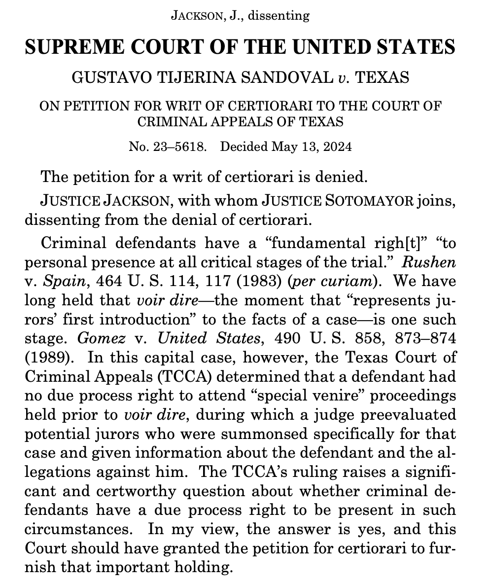 The Supreme Court takes up no new cases in today's orders list. Jackson, joined by Sotomayor, dissents from the court's refusal to consider whether a judge can exclude a criminal defendant from a 'special venire' hearing, pre–voir dire, in his own case. supremecourt.gov/orders/courtor…