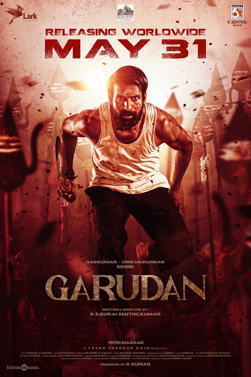 Soaring into theatres May 31st! Mark your calendars for #Garudan 🦅🔥 More updates are coming soon. Watch the release date announcement video here ▶️: youtu.be/WzKKgoyB9Sc?si… Starring: @sooriofficial @SasikumarDir @Iamunnimukundan Written and directed by @Dir_dsk An