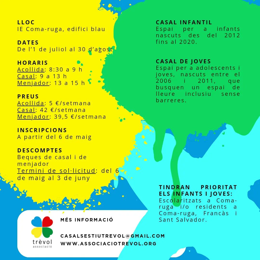 📢 Obertes les inscripcions dels Casals d'estiu el Vendrell i Casal d'estiu Coma-ruga! 🍉🏖️

👉 Més informació: elvendrell.net

@casalsestiuvendrell
<a href="/assoc/">Brian Russ</a>.trevol
@joventut_el_vendrell