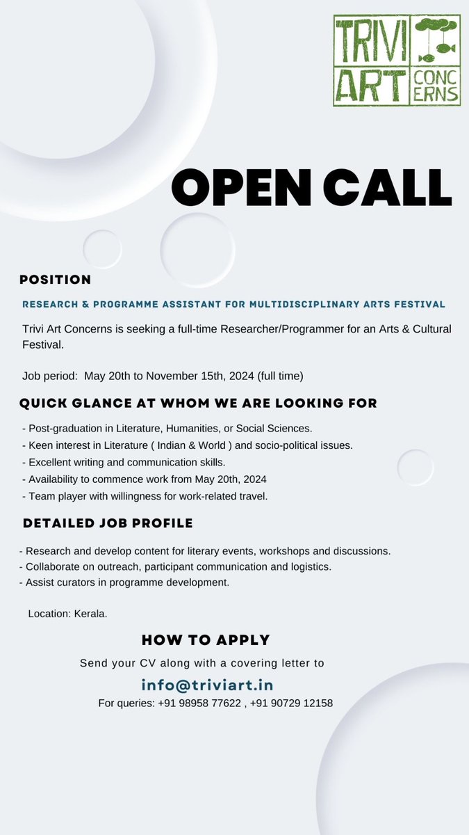 We are hiring!!
It will be an exciting festival !  :)
Let's work together
#artsmanagement #artsfestivals #artsfestivals2024 #artjobs #artislife
