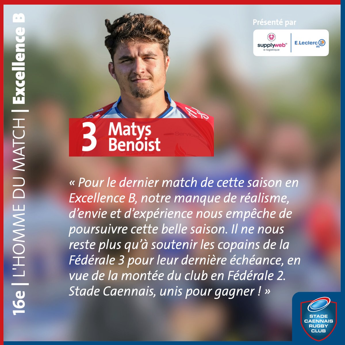 StadeCaennaisRC's tweet photo. Voici notre homme du match pour le match des 16e de finale de l'Excellence B face au SC Couchois.

Matys Benoist, nous parle de ce qui a manqué au groupe pour gagner ce match après la belle saison de l'équipe.

Retrouvez le résumé de la rencontre sur notre site internet. https://t.co/zcJhOtgrIQ