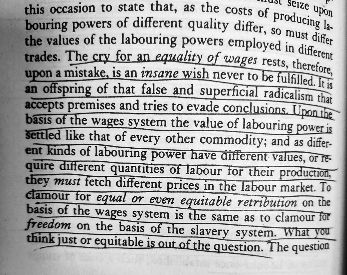 Marx, on the desire for an equality of wages as a confused and superficial radicalism.