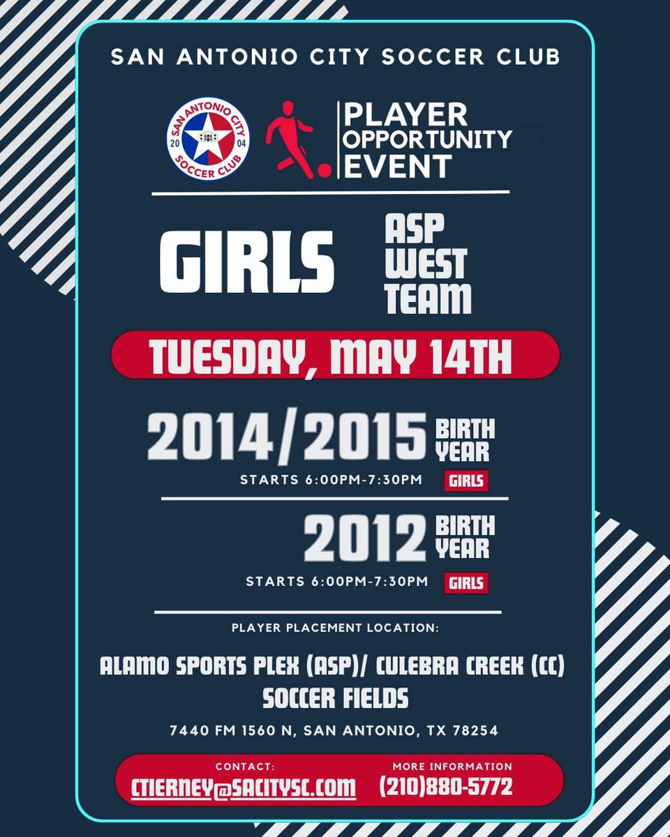 Calling Girls 2012 & 2014/15 📢 Our ASP-CC location is on the lookout for top-tier talent to join our West team! Join us for our upcoming opportunity event on Tue. May 14th 6:00 to 7:30 pm. For more information and to register for tryouts, please contact: CTierney@sacitysc.com