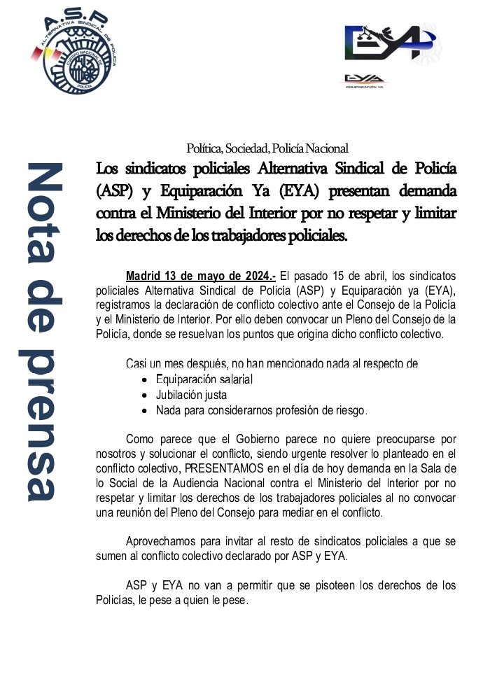 PoliciaASP's tweet photo. 📰Lanzamos Nota De Prensa:

🔊Facilitamos la información referente a la demanda presentada contra el Ministerio del Interior en referente a nuestro Conflicto Colectivo.

Únete a la causa.🫡

‼️NOS JUGAMOS MUCHO‼️ https://t.co/k64asXiwvv