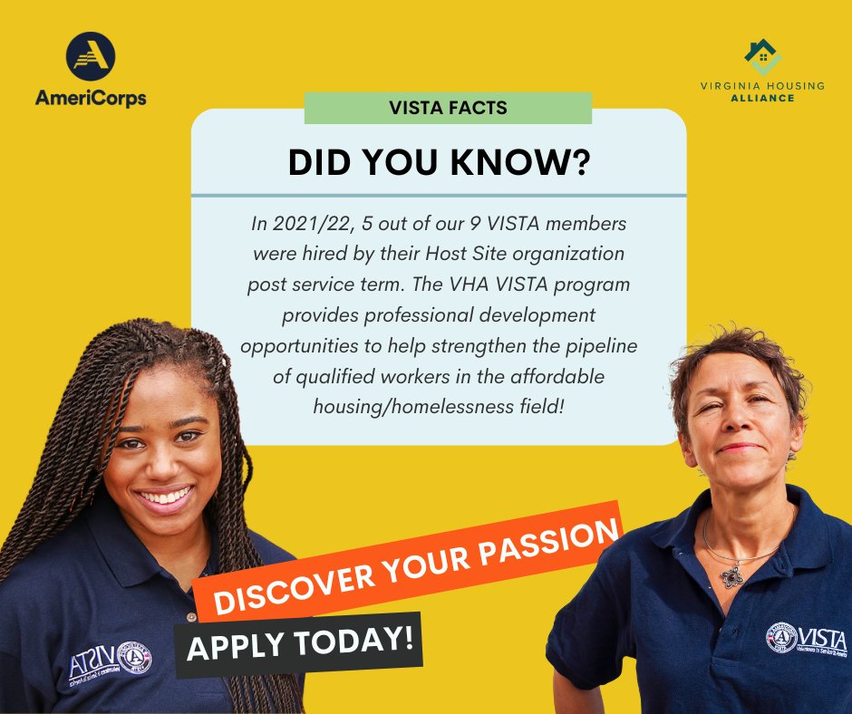 Interested in gaining professional experience in the affordable housing or social work field?! Apply today to serve as an AmeriCorps VISTA at one of our 17 Host Sites located across Virginia. To read more about the benefits of service, visit vahousingalliance.org/capacity-build… #AmeriCorps