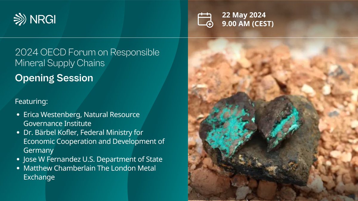 Catch NRGI at the @OECD_BizFin Forum on Responsible Mineral Supply Chains in Paris this month: 1️⃣ Opening Plenary on May 22, ft. NRGI's Erica Westenberg plus @State_E, @LMEnews, @BaerbelKofler and more. Join in person or view online. ➡️ resourcegovernance.org/events/opening… #OECDrbc 🧵1/2