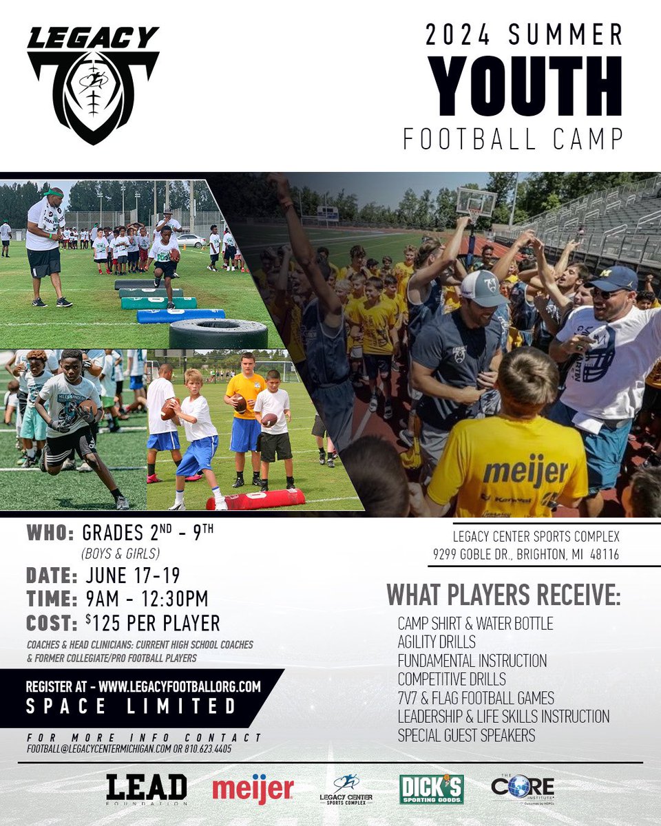 Legacy Football 2024 Youth Summer Camp‼️ Our 3 day camp will include fundamental instruction from former professional & collegiate players and current high school football coaches. Athletes will also participate in competitive drills & games…special guest speakers as well!