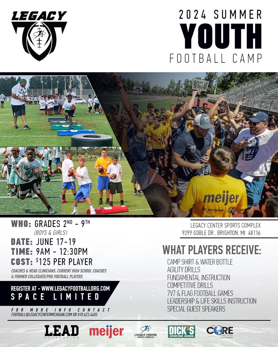 Legacy Football 2024 Youth Summer Camp‼️

Our 3 day camp will include fundamental instruction from former professional &amp; collegiate players and current high school football coaches. Athletes will also participate in competitive drills &amp; games…special guest speakers as well!