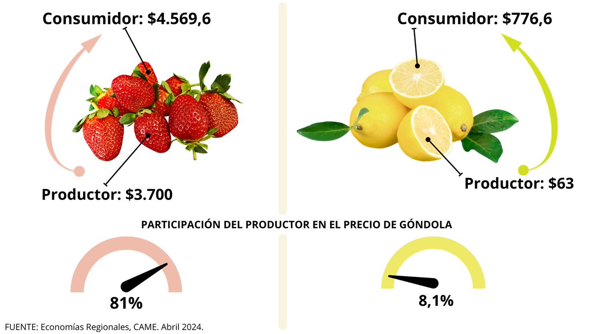 [ABRIL 2024] De los 24 agroalimentos que integran la canasta IPOD de @redcame, los productores de frutilla obtuvieron la mayor participación en el precio de venta final (81%), mientras que la más baja ocurrió en el limón (8,1%). Más info 👉🏽 bit.ly/4dEXLMv