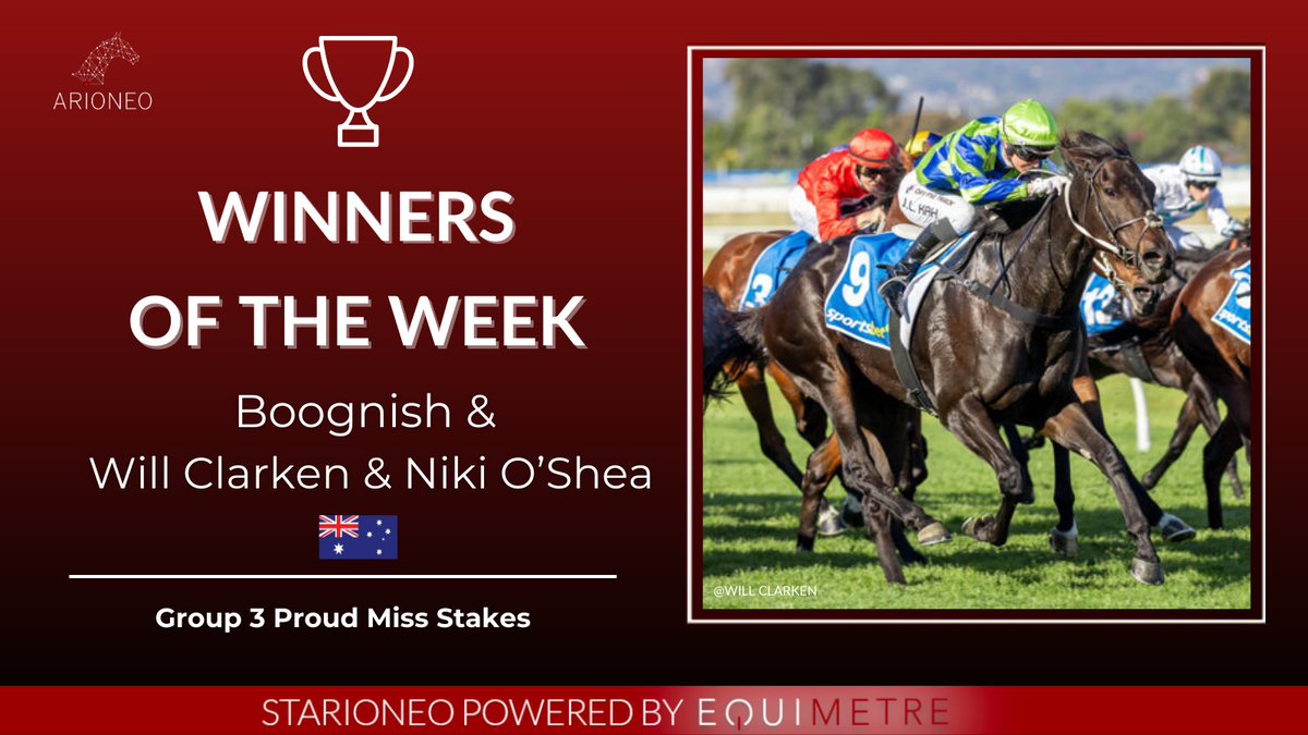 Boognish wins the Proud Miss Stakes with @Clarken_Racing and Niki O'Shea! Big congratulations on this demonstration of your talents as trainers! 💥👏 We're proud to count you among our Starioneo! 🎉✨ #Arioneo #Equimetre #Horsedatascience #Empoweryourexpertise