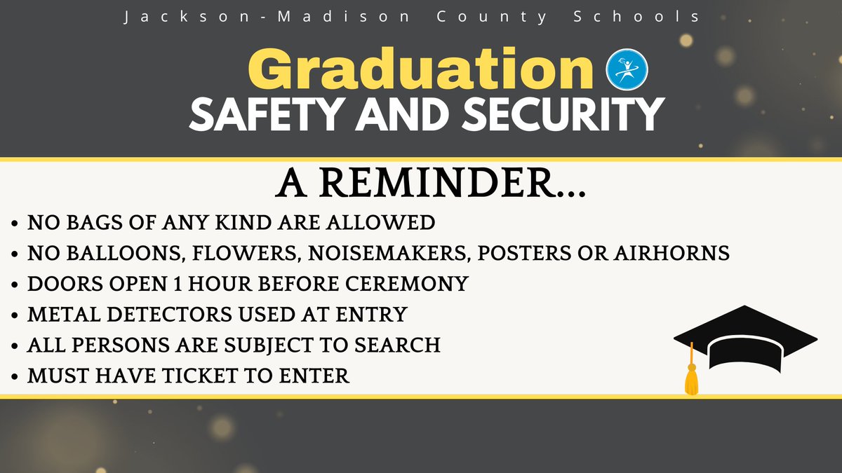 We can't wait for graduation tonight! Please familiarize yourself with the guidelines for this evening and have your tickets ready to check-in. You can also livestream the graduation from the Jackson-Madison County Schools YouTube Page: youtube.com/@jmcss5735