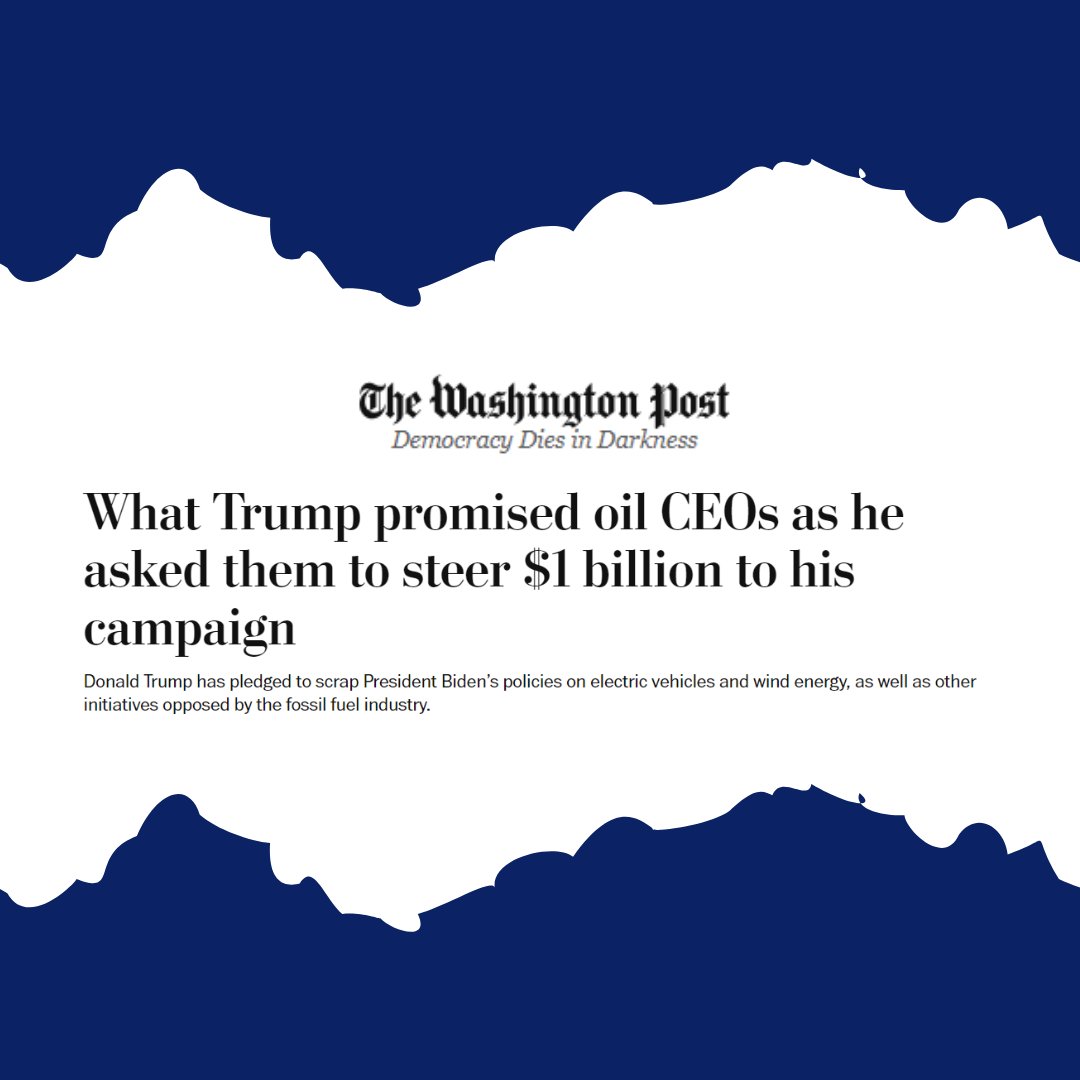 The Biden-Harris Admin has worked to protect our climate by conserving public lands and lowering greenhouse gas emissions. But for his Billionaire Big Oil Buddies, Trump will reverse all of President Biden’s climate progress “on Day 1.” washingtonpost.com/politics/2024/…