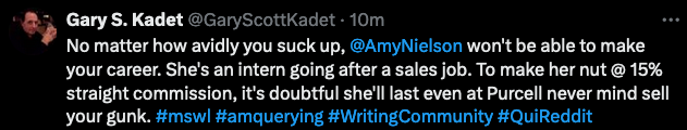 You're honestly better off ignoring this guy than to try to engage. Do report him though. His targeted harassment of literary agents is straight-up bullying if not outright stalking.

More about his antics here:
writerbeware.blog/2020/03/26/spa…
#amquerying #WritingCOmmunity #mswl