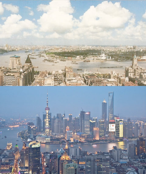 I don't think people really appreciate how fast modern humanity is progressing. These two pictures, of Shanghai, are only 20 years apart. From 1990 to 2010. TWENTY YEARS.
